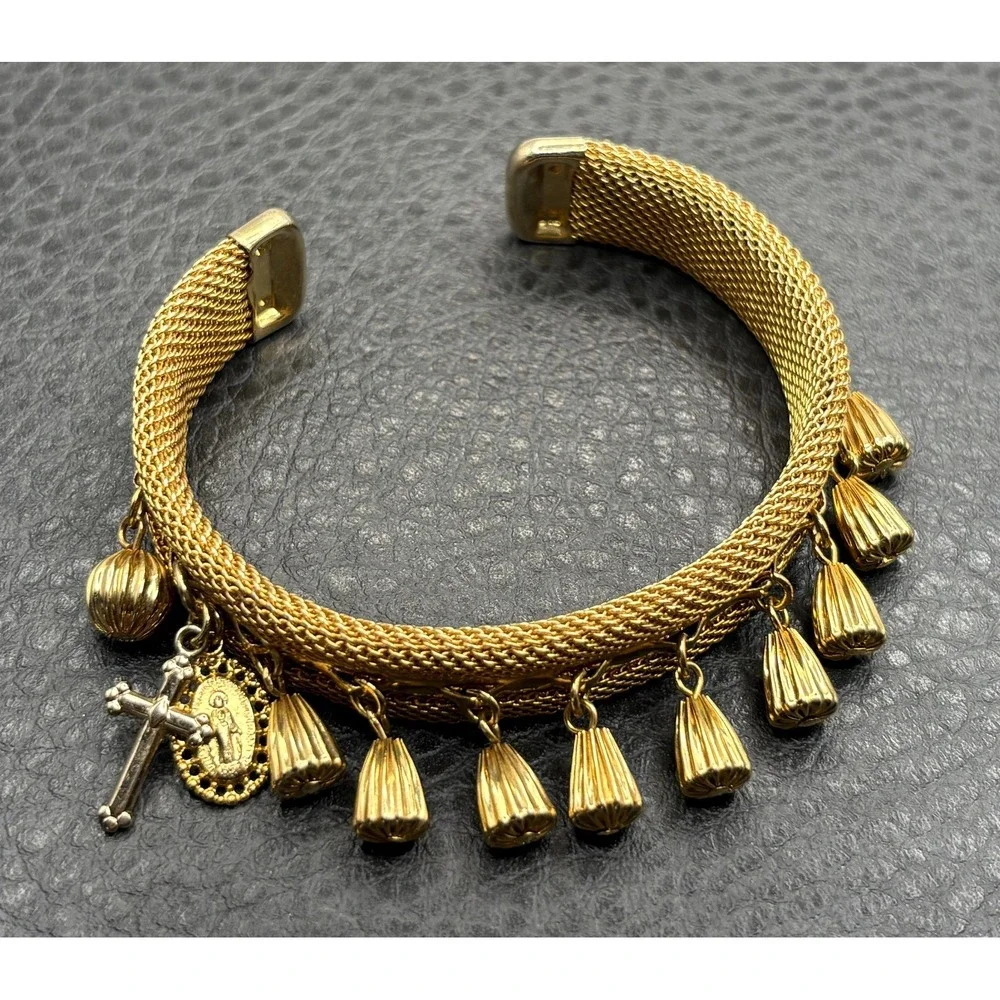 Vintage Mesh Bracelet Cuff Charm Dangle Cross Madonna Medal Gold Tone